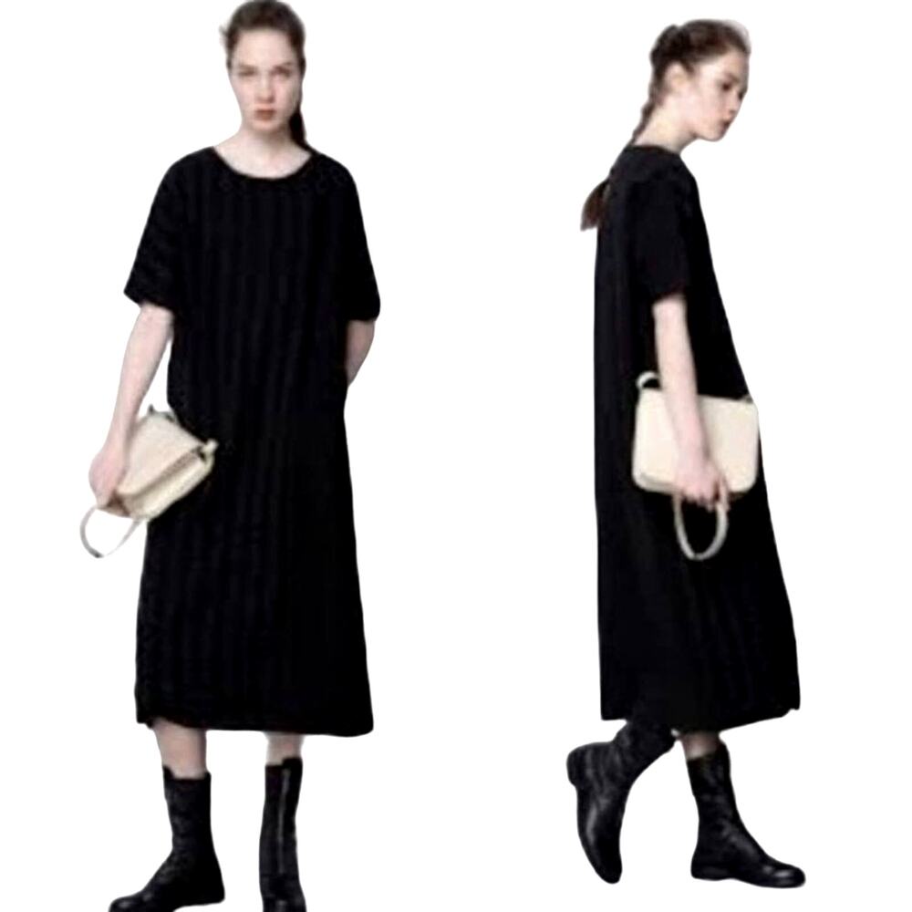 NEW Caara Throwing Shade Shift Midi Dress Black Sheer Textured Lagenlook NWT!